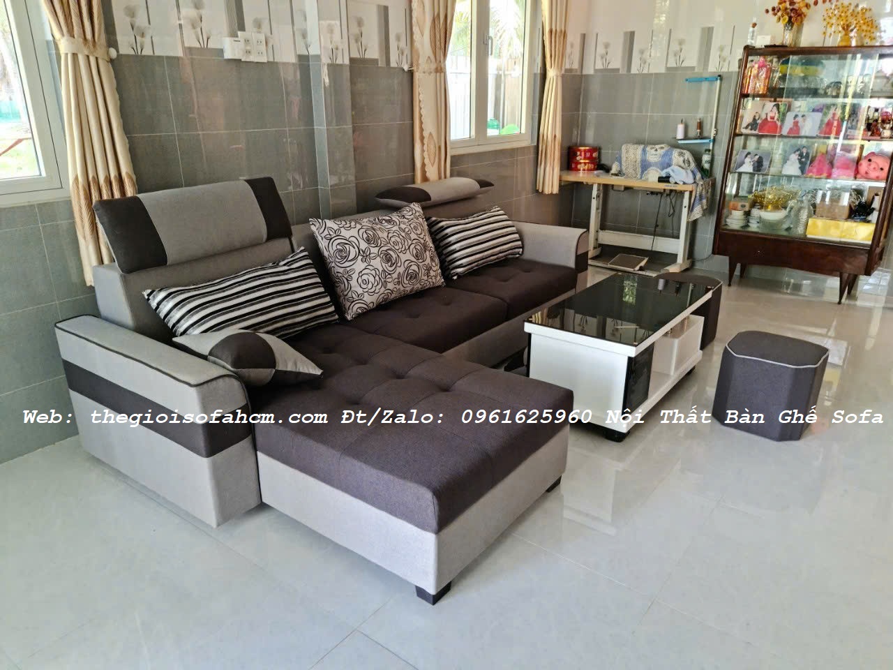 BỘ GHẾ SOFA GÓC L 2M7 X 1M6 BỌC VẢI BỐ PHỐI MÀU