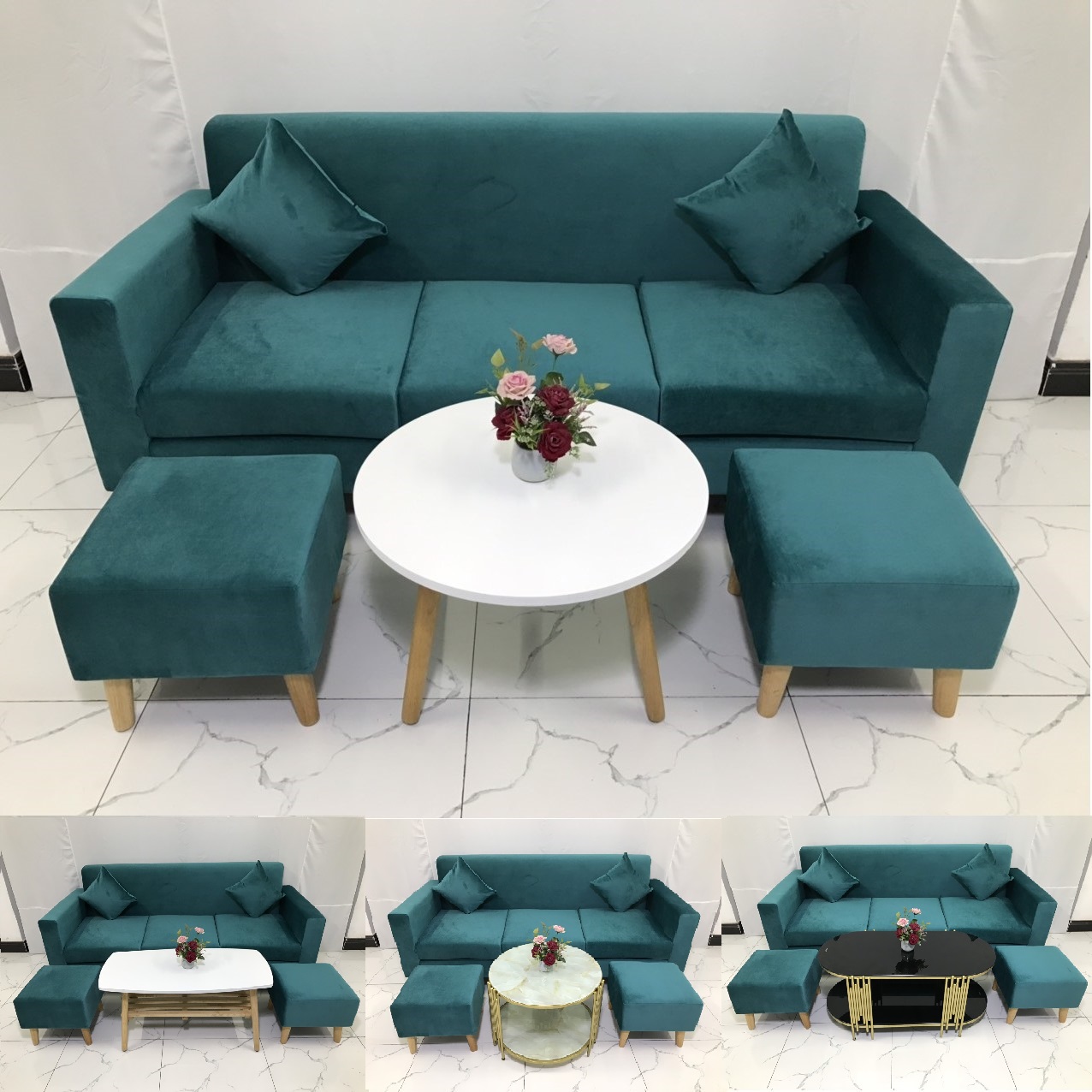 BỘ BÀN GHẾ SOFA BĂNG VUÔNG XANH NHUNG CỔ VỊT NỆM RỜI GHẾ DÀI 1M9