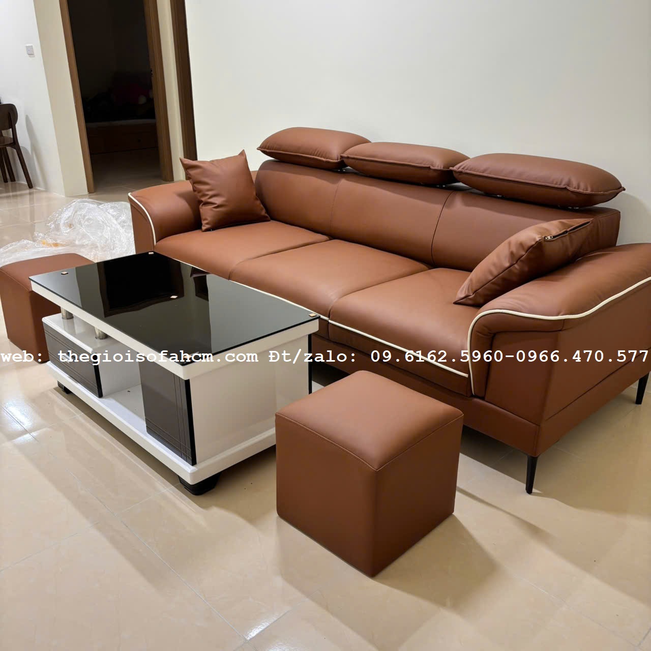 BỘ GHẾ SOFA BĂNG 2M2 BỌC DA CHỐNG TRẦY MÀU NÂU